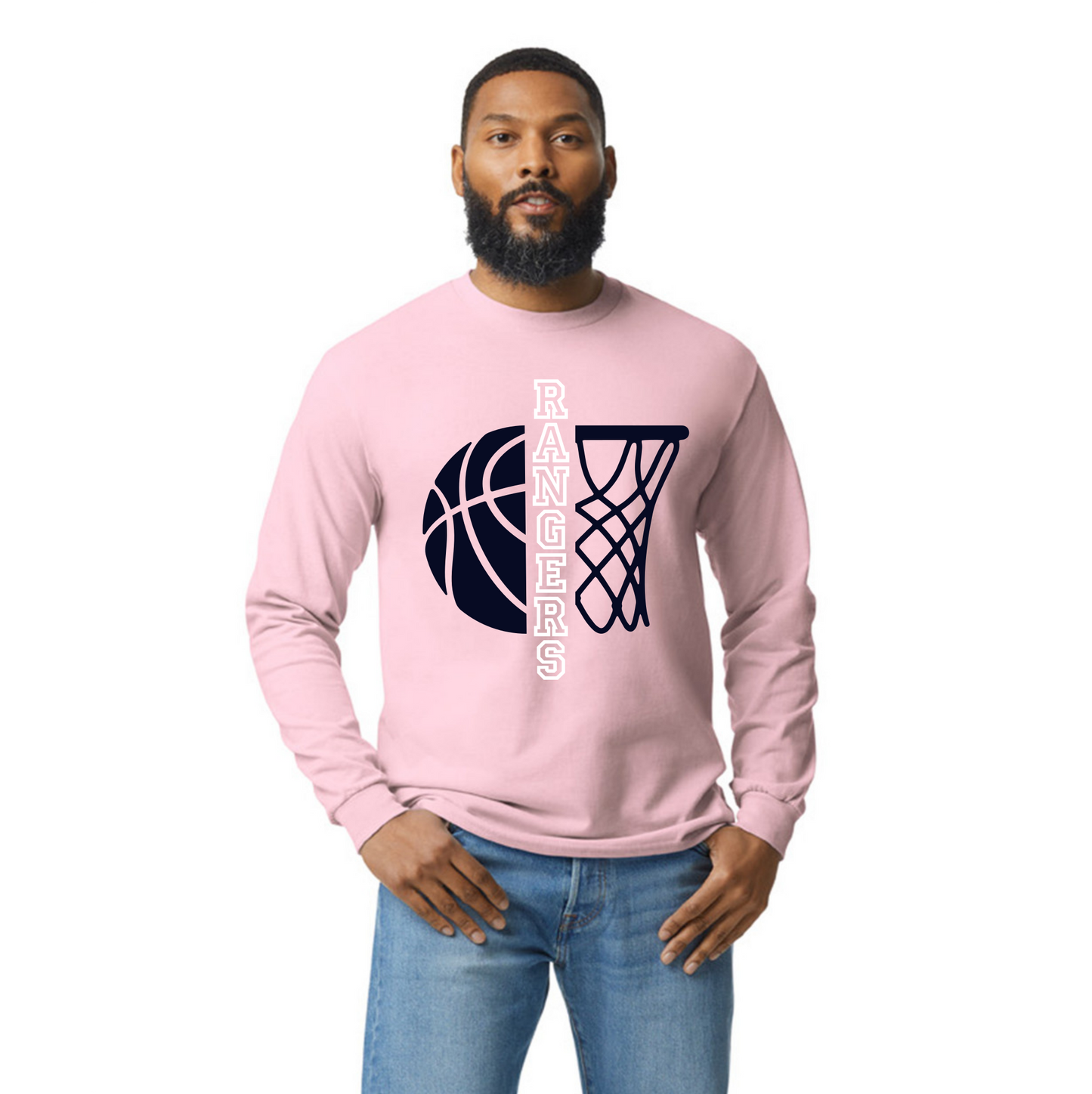 Rangers Hoops - Long Sleeve Cotton T-Shirt - Light Pink