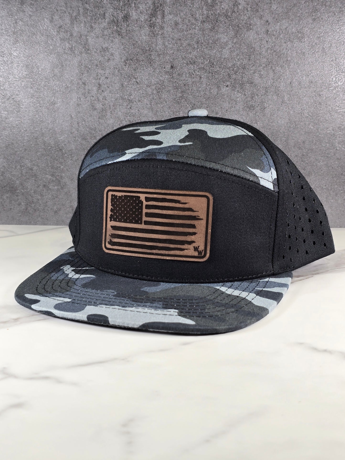 "Tattered Flag" Leather-Patched Hat - Andros Camo Flat Bill