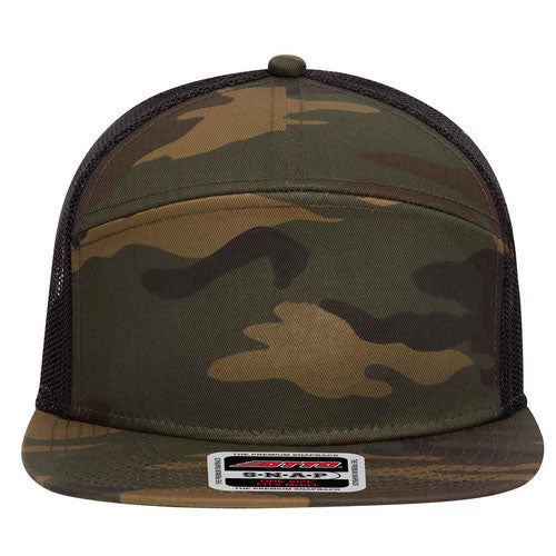 Otto Cap 7 Panel Snapback Trucker - Dark Green/Brown w/ Black Mesh